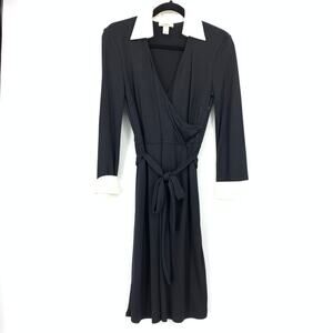 Vintage LOFT Faux Wrap Dress Womens Size 8 Black White Collar Cuffs Belted
